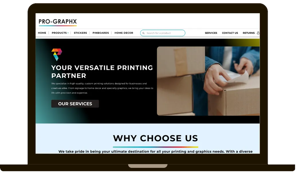 Pro-Graphx website homepage showing a search bar, product categories, and a hero section featuring custom printing services with a person packaging boxes