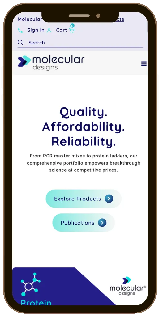 Molecular Designs mobile website view highlighting quality, affordability, and reliability with buttons for exploring products and publications